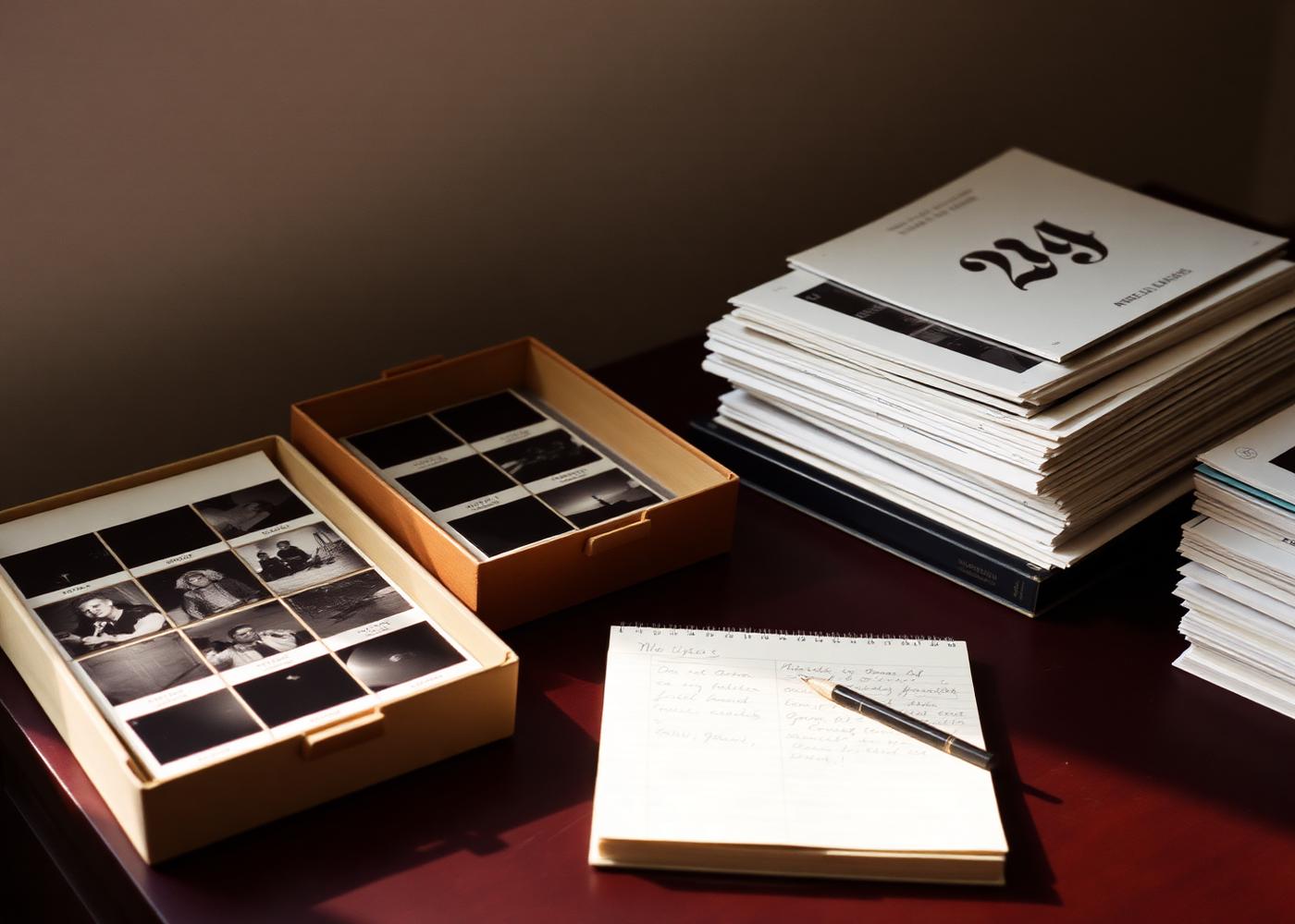Archival boxes of photographic negatives, contact sheets and a handwritten notebook on a table
