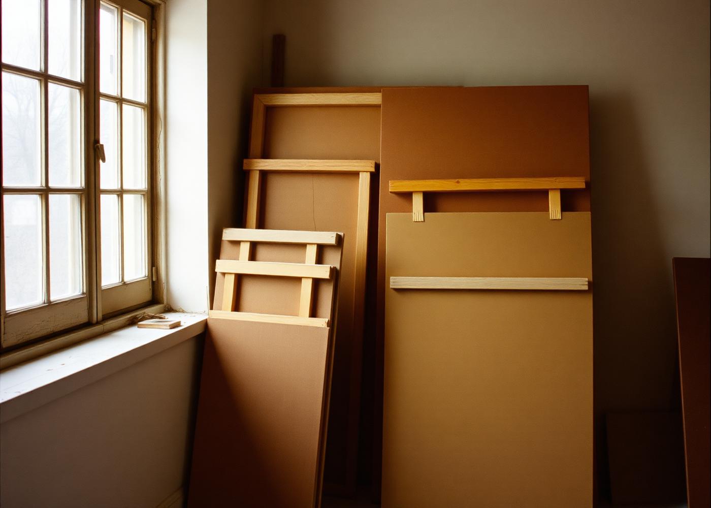 Older paintings on stretchers stacked against a wall in an artist's studio, canvas reverses visible
