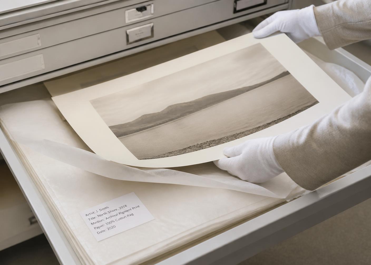 Gloved hands lifting a fine-art print from an archival sleeve in a flat storage drawer