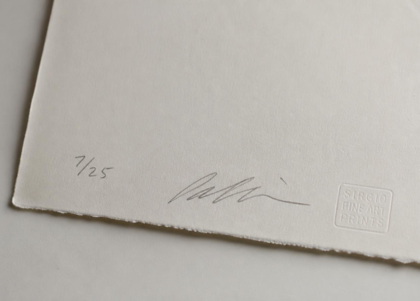 Pencil edition number and signature on the lower edge of a fine-art print, beside a blind embossed stamp